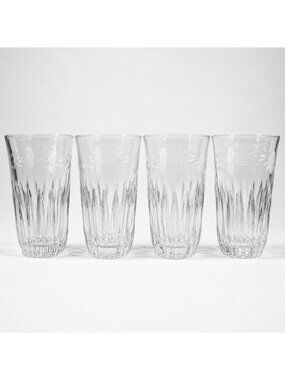 Princess House Heritage 12oz Flat Tumbler Clear Floral Cut Etched Glass Set of 4